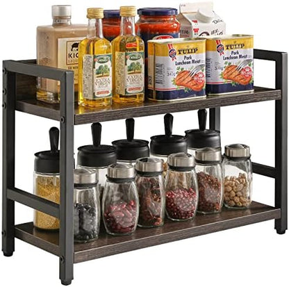  IBUYKE 2-Tier Spice Rack Industrial Counter Shelf Desktop Storage Organizer Standing Seasoning Rack For Countertop Kitchen Office Living Room Desktop Rustic Brown UTLJ002H