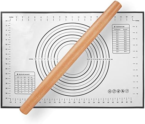  Wood French Rolling Pin For Baking, QUELLANCE Wooden Dough Roller With Silicone Baking Mat, Beech Wood Rolling Pins For Baking Dough, Pizza, Pie, Pastries, Pasta And Cookies,Red Pastry Mat