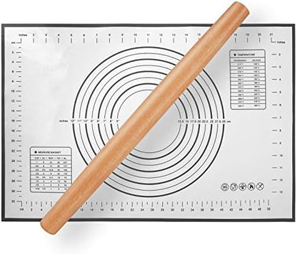  Wood French Rolling Pin For Baking, QUELLANCE Wooden Dough Roller With Silicone Baking Mat, Beech Wood Rolling Pins For Baking Dough, Pizza, Pie, Pastries, Pasta And Cookies,Red Pastry Mat