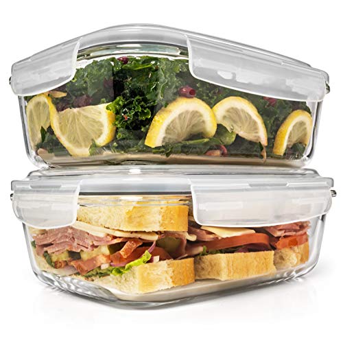  6.5 Cups/ 52 Oz 4 Piece (2 Containers +2 Lids) Glass Food Storage/ Baking Container Set W/Locking Lid - For Storing & Serving BPA Free & Leak Proof - Microwave, Dishwasher, Fridge, Freezer N Oven Safe