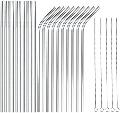  Wholesale 25 Piece Set Stainless Steel Straws Long 8.5 Inch Drinking Metal Straws Reusable Drinking Straws For 20 OZ (10 Straight | 10 Bent | 5 Brushes)