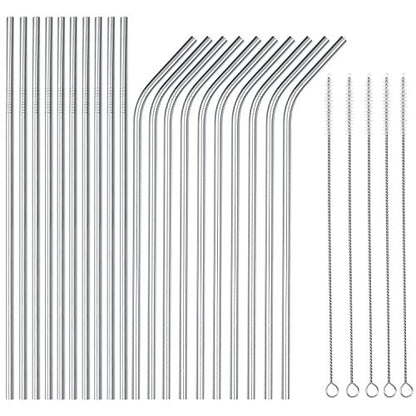  Wholesale 25 Piece Set Stainless Steel Straws Long 8.5 Inch Drinking Metal Straws Reusable Drinking Straws For 20 OZ (10 Straight | 10 Bent | 5 Brushes)