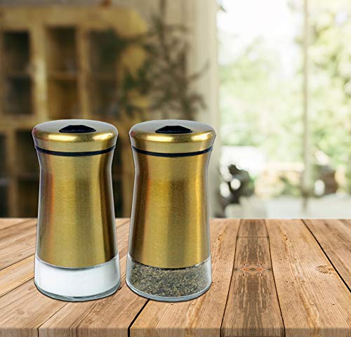  Pepper & Salt Shakers Stainless Steel Cover Glass Bottom With Rotating Adjustable Cover - Spice Sugar Shakers (Metallic Bronze)