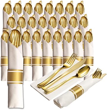  50 Pre Rolled Gold Plastic Silverware - 200pc Set, Service For 50 - Wrapped Disposable Silverware Set With Forks, Knives, Spoons, White Napkins - Fancy Decorative Flatware For Dinner, Party, Wedding