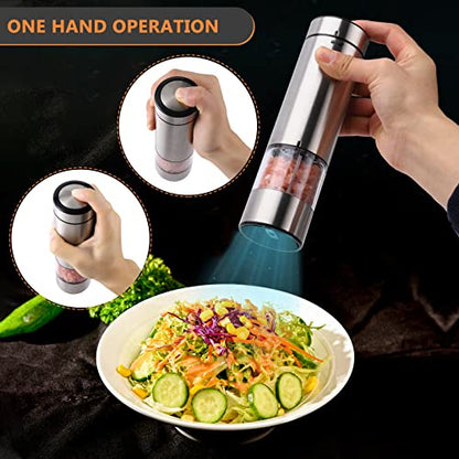  Electric Salt And Pepper Grinder Set Battery Operated| Stainless Steel Auto Pepper Mill Grinder Refillable| One Hand Operation| LED Light| Adjustable Coarseness| 2 Pack