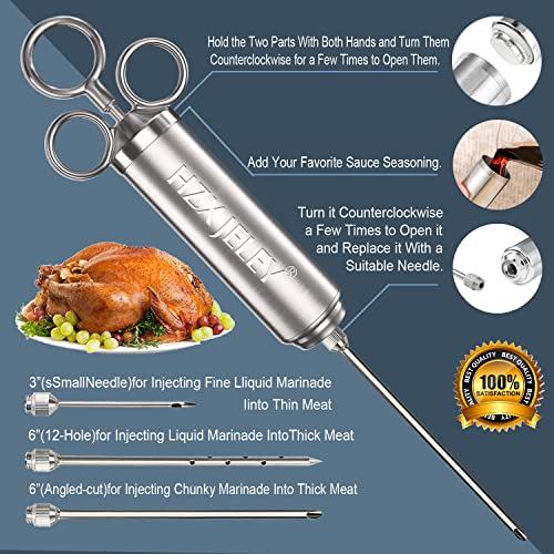  Meat Injector,HZX JELEY Turkey Injector Syringe Kit Marinade Flavors Seasoning,Meat BBQ Injectors For Smoking,2-OZ Large Capacity,With 3 Professional Needles,3 Cleaning Brushes,1 Butter Brushe