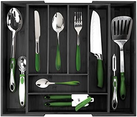  Silverware Organizer - Expandable Kitchen Drawer Organizer - Adjustable Kitchen Drawer Organizer For Utensils, Expandable To 25 Inches Wide, 10 Compartments, Silverware Tray For Drawer