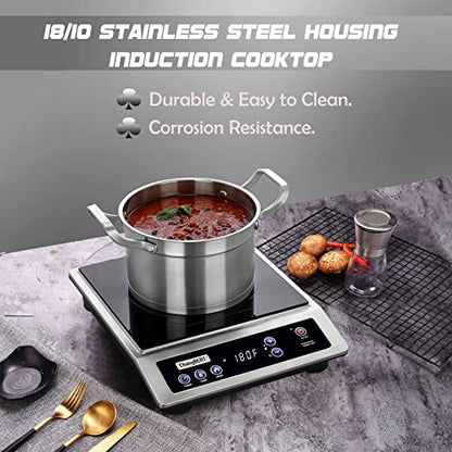  HangBERT Induction Cooktop, Portable Cooker, Large 8” Heating Coil, 18/10 Stainless Steel Commercial-Grade Burner With NSF-certificated, 10-Hour Timer, 1800W Professional Countertop
