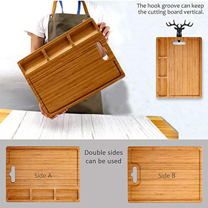  Bamboo Cutting Board With Juice Groove / Drain / Tray / Hook / Handle - Double-Sided Use - Large 15.8"X11.8" - Kitchen Cutting Board Bamboo Butcher Block, Chopping Boards For Vegetable Fruit Meat