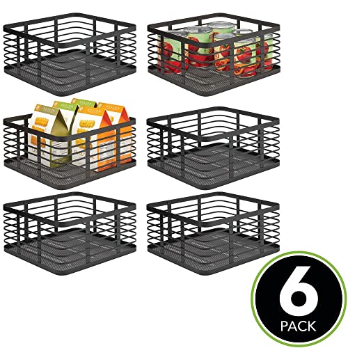  Steel Metal Wire Kitchen Food Storage Organizer Bin Basket For Pantry Organization - Wired Farmhouse Basket With Handle For Shelves - Carson Collection - 6 Pack, Matte Black