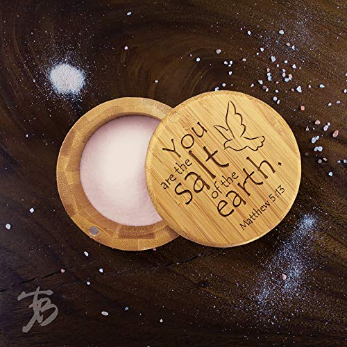  Salt Cellar Bamboo Storage Box With Magnetic Swivel Lid, 6 Ounce Capacity, You Are The Salt Of The Earth Matthew 5:13 Engraved On Lid