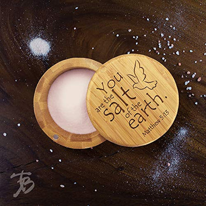  Salt Cellar Bamboo Storage Box With Magnetic Swivel Lid, 6 Ounce Capacity, You Are The Salt Of The Earth Matthew 5:13 Engraved On Lid