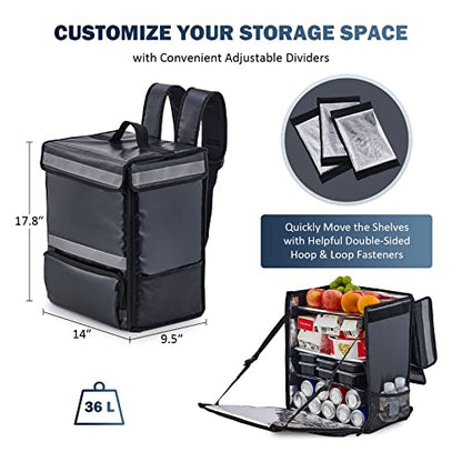 35L Food Delivery Backpack, Insulated Hot Pizza Catering Thermal Backpack, Cooler Backpack With 3 Dividers And Cup Holders, Waterproof Hot Cold Grocery Backpack For Uber Eats, Camping & Beach