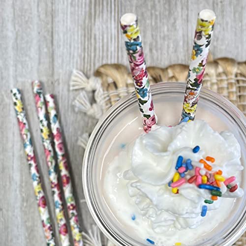  Rose Floral Paper Straws - Wedding Bridal Shower Birthday Valentine Party - Pink Yellow White - 7.75 Inches - 50 Pack - Outside The Box Papers Brand