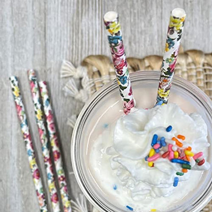  Rose Floral Paper Straws - Wedding Bridal Shower Birthday Valentine Party - Pink Yellow White - 7.75 Inches - 50 Pack - Outside The Box Papers Brand
