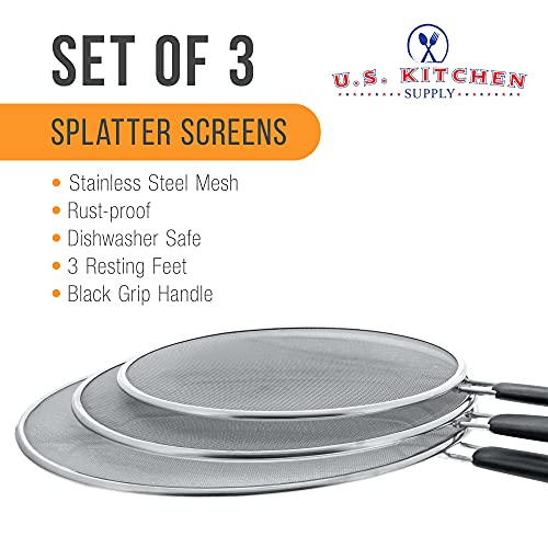  13", 11.5", 9.5" Stainless Steel Fine Mesh Splatter Screen With Resting Feet Set, Black Handles