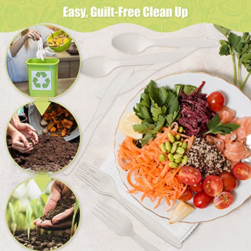  150 Count Compostable Cutlery Set, Disposable Biodegradable Utensils Eco-friendly Durable Cornstarch Flatware Includes 50 Forks, Knives & Spoons For Party, BBQ, Picnic & Potlucks (White)