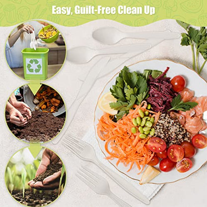  150 Count Compostable Cutlery Set, Disposable Biodegradable Utensils Eco-friendly Durable Cornstarch Flatware Includes 50 Forks, Knives & Spoons For Party, BBQ, Picnic & Potlucks (White)