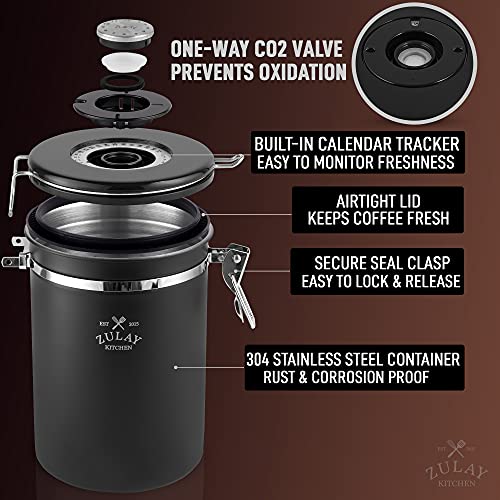  21oz Coffee Canister For Ground Coffee - Stainless Steel Coffee Canisters With Scoop Holder & Date Tracker - Airtight Coffee Container & Coffee Storage For Coffee Jar, Tea, Sugar, Flour (Black)