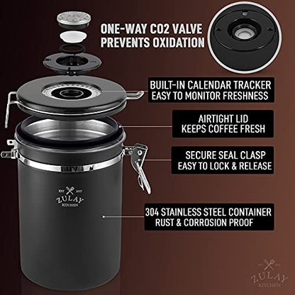  21oz Coffee Canister For Ground Coffee - Stainless Steel Coffee Canisters With Scoop Holder & Date Tracker - Airtight Coffee Container & Coffee Storage For Coffee Jar, Tea, Sugar, Flour (Black)