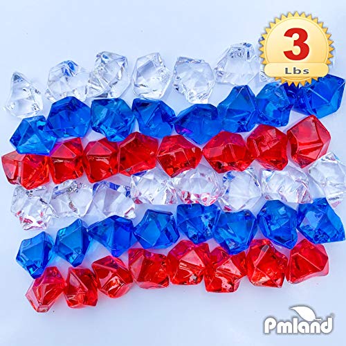  Patriotic Acrylic Ice Rocks Crystals Gems ~550 Pcs 3 Lbs Bulk Bag For Vase Filler Table Scatter Party Wedding Arts Crafts Decoration Display Idea -Red Blue Clear Blend