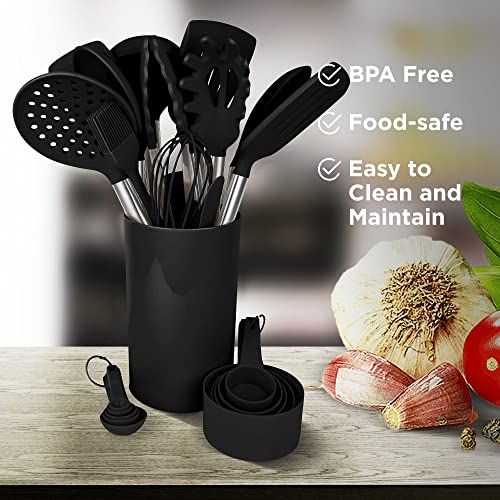  24-Piece Black Stainless Steel & Silicone Cooking Utensil Set, Heat-Resistant Cooking Utensils, Non-Scratching Kitchen Cooking Utensils, Includes A Bonus Recipe E-Book