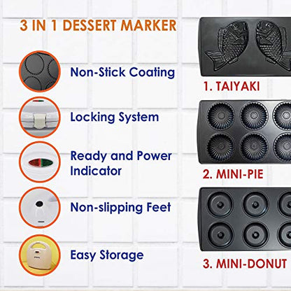  Mini-Donuts Maker, Mini-Pie And Quiche Maker, Taiyaki Maker – NEW 3 In 1 Three Slices Detachable Dessert Maker By StarBlue – White AC 110-120V 50/60Hz 700-800W