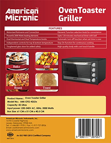  Mported 42 Litre Oven Toaster Griller, Convection, Dual Thermostat, 120M Timer & Toughned Glass Door, Inner Light -Ami-Otg-42Ldx 12 In 42 Litre Black