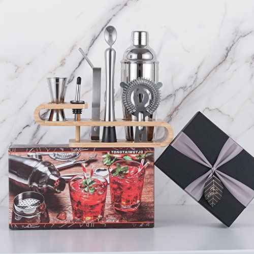  Bartender Kit Cocktail Shaker With Stylish Bamboo Stand,18-Piece Bar Tool Set With Recipes Booklet,Home Drink Mixer Set