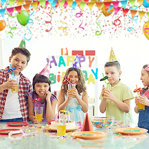  24 Race Car Party Favors Reusable Drinking Straws For Kids Boys Racecar Wheels Birthday Decorations Two Fast Party Supplies With 2 PCS Cleaning Brushes