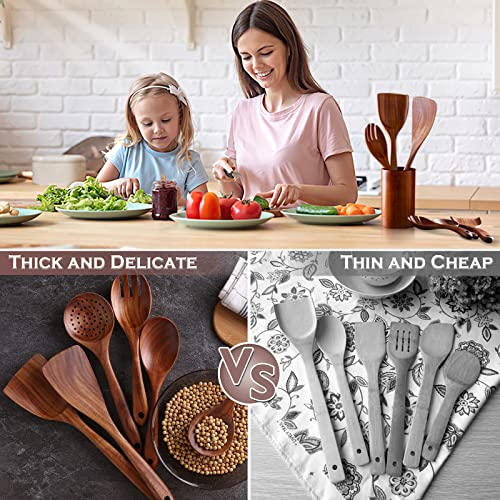  Wooden Spoons For Cooking, 6 Pcs Wooden Utensils For Cooking, Natural Teak Wood Non-Stick Cooking Spoons, Comfort Grip Wood Utensils Set For Kitchen