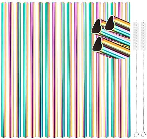  [18 PCS] New Heart Shape Metal Straws 304 Food Grade Stainless Steel, Tomorotec Bulk Reusable Stainless Steel Straw Set With Cleaning Brushes For Tumblers Beverage Drinks Cocktail(Rainbow)