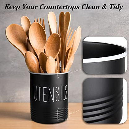  Kitchen Utensil Holder, 6.7" Utensil Holder For Kitchen Counter, Cooking Utensil Crock With Cork Bottom, Modern Farmhouse Kitchen Decor, Countertop Utensil Storage Caddy Organizer, Black
