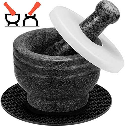  Mortar And Pestle Set 2-Cup Capacity Molcajete Bowl, Incl. Silicone Lid, Garlic Peeler, Stick-on Anti-Slip Pad For Base, Unpolished Granite Mortar And Pestle Spice Grinder 5.5 Inch