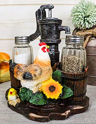  Country Animal Farm Chicken Hen With Chicks By Irrigation Well Pump Barrels And Sunflowers Salt And Pepper Shakers Holder Figurine As Kitchen Dining Home Decorative Sculpture Of Rooster