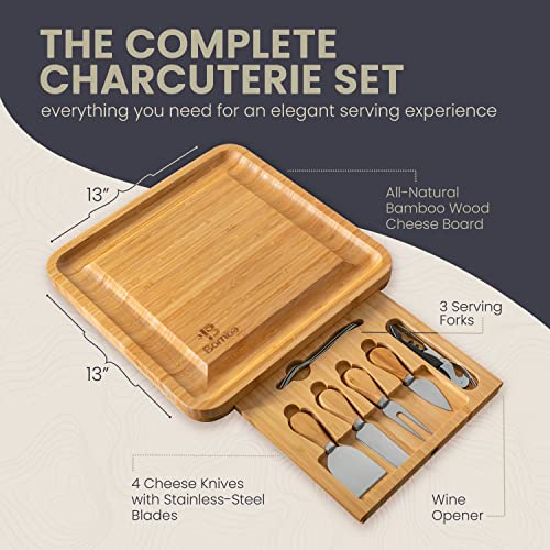  Amboo Cheese Board – 13 X 13 Inches Charcuterie Board With Accessories – Includes 4 Cheese Knives & Forks And Wine Opener - Magnetic Drawer – Ideal For Cheese, Fruit, Wine, Meat