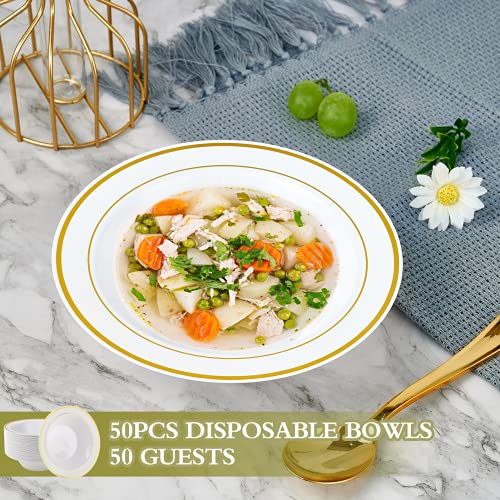  50PCS Plastic Bowls With Gold Rim-12oz Disposable Soup Bowls, Christmas Thanksgiving Premium Dessert Salad Bowls For Wedding/Party