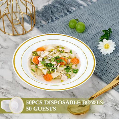  50PCS Plastic Bowls With Gold Rim-12oz Disposable Soup Bowls, Christmas Thanksgiving Premium Dessert Salad Bowls For Wedding/Party