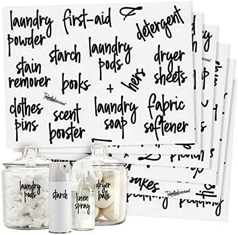  141 Laundry Room Labels For Jars And Containers, Preprinted Black Script Stickers For Linen Closet, Bathroom Organization, Cleaning Supplies (Water Resistant)