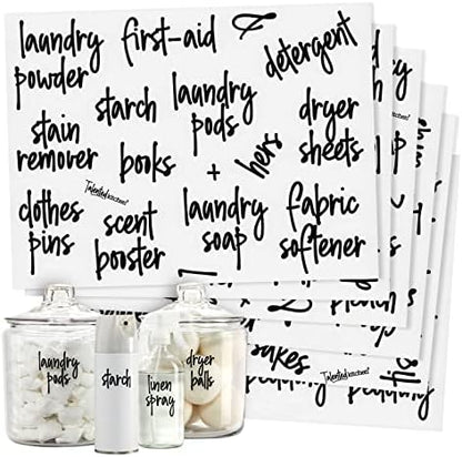  141 Laundry Room Labels For Jars And Containers, Preprinted Black Script Stickers For Linen Closet, Bathroom Organization, Cleaning Supplies (Water Resistant)