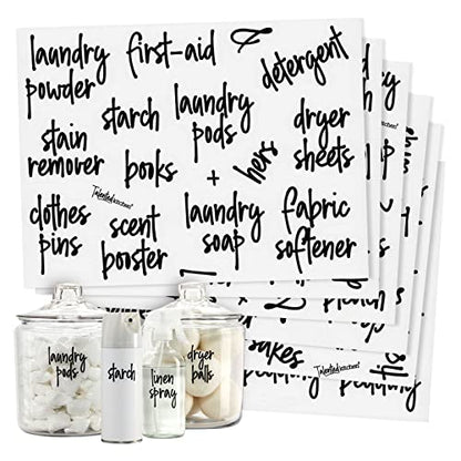  141 Laundry Room Labels For Jars And Containers, Preprinted Black Script Stickers For Linen Closet, Bathroom Organization, Cleaning Supplies (Water Resistant)
