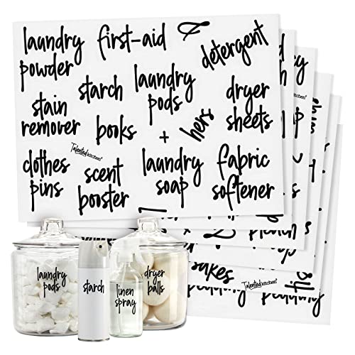  141 Laundry Room Labels For Jars And Containers, Preprinted Black Script Stickers For Linen Closet, Bathroom Organization, Cleaning Supplies (Water Resistant)