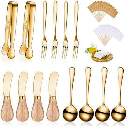  14 Pieces Cheese Butter Spreader Set Charcuterie Accessories Stainless Steel Knives With Wooden Handles Charcuterie Boards Utensils Mini Serving Tongs Spoons And Forks(Yellow)