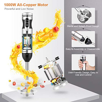  Immersion Hand Blender, 4 In 1 9 Speed Stick Blender With 500ml Food Grinder 700ml Container Chopper Whisk Puree Infant Food, Smoothies, Sauces Soups (1000W 4 In 1 Silver)