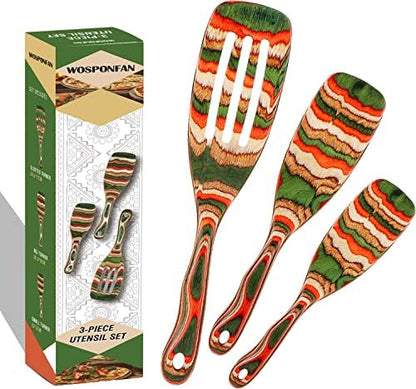  Wooden Spoons For Cooking, WOSPONFAN Kitchen Utensils Set, Pakkawood Kitchen Cooking Utensils Set, Apartment Essentials Wood Serving Spatula Spoon, Salad Tongs, Home & Kitchen Gift For Women