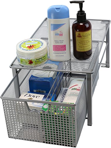  Mesh Cabinet Basket Organizer With Split Card, Silver (Large - 10 X 15.8 X 7.5)