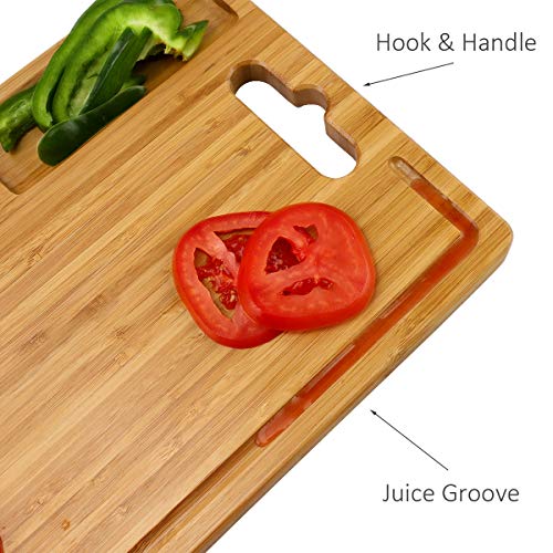  Bamboo Cutting Board With Juice Groove / Drain / Tray / Hook / Handle - Double-Sided Use - Large 15.8"X11.8" - Kitchen Cutting Board Bamboo Butcher Block, Chopping Boards For Vegetable Fruit Meat