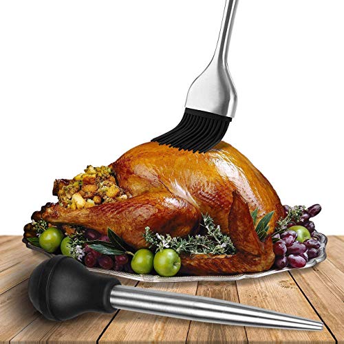  Home Servz Deluxe 304 Stainless Steel Turkey Baster Syringe Injector Needle With Cleaning Brush & Heavy Duty 12 Inch Stainless Steel Handle Silicone BBQ Basting Brush