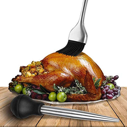 Home Servz Deluxe 304 Stainless Steel Turkey Baster Syringe Injector Needle With Cleaning Brush & Heavy Duty 12 Inch Stainless Steel Handle Silicone BBQ Basting Brush