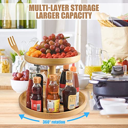  2 Tier Bamboo Lazy Susan Organizer For Kitchen,Turntable For Cabinet,Turntable Organizer For Cabinet Pantry Table Organization